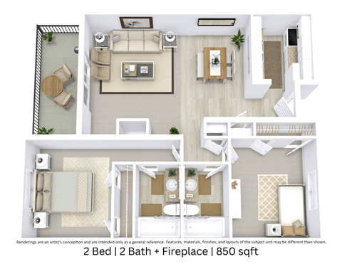 Floor plan for 2 beds, 2 baths, 850 sqft
